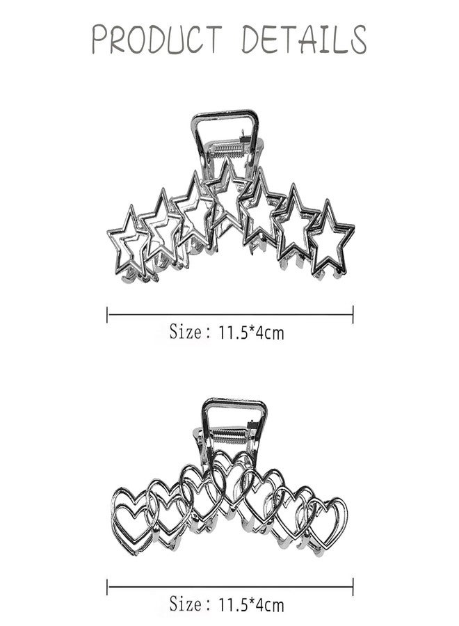 VOTACOS 2PCS Y2k Metal Hair Claw Clips Star Heart Hair Clips for Women Big Nonslip Design Claw Hair Clips for Thick and Thin Hair Stitching Silver Large Hair Accessories for Women and Girls. - Image 2